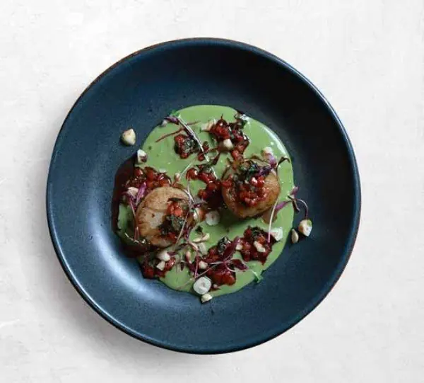 Pan seared scallops with coconut and matcha sauce